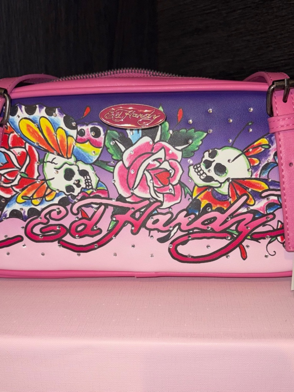Ed Hardy Pink Satchel Bag Adjustable Straps Skull Flowers Rhinestone Y2K NWT $80 - Picture 10 of 10